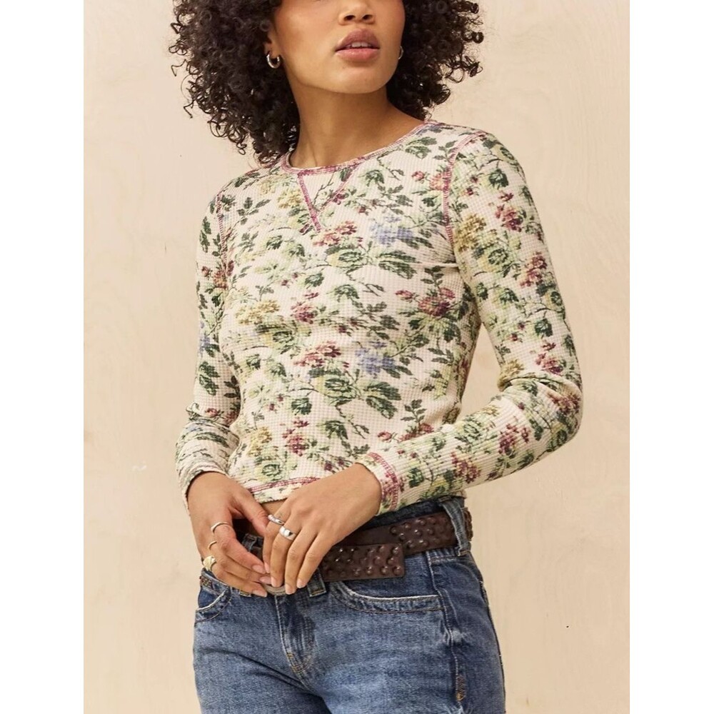 BDG Urban Outfitters Waffle Knit Cropped Blouse Top Floral Printed XXS 277684